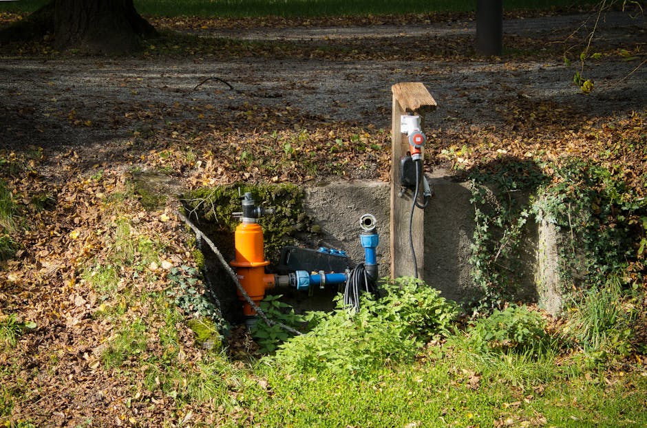 Water pipe system in a park with surrounding greenery and autumn leaves. | Wade's Plumbing & Septic